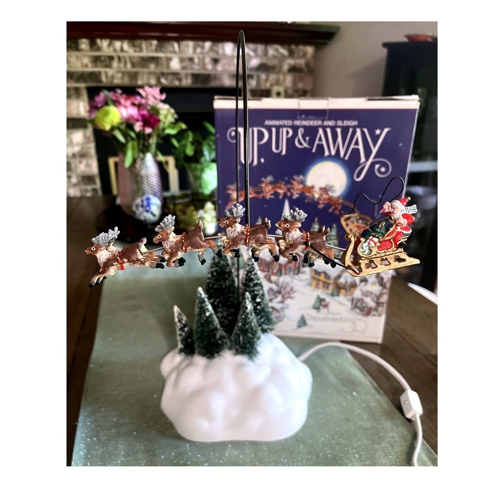 Dept 56 Up Up And Away Animated Santa's Sleigh & Reindeer #52593 Works EUC
